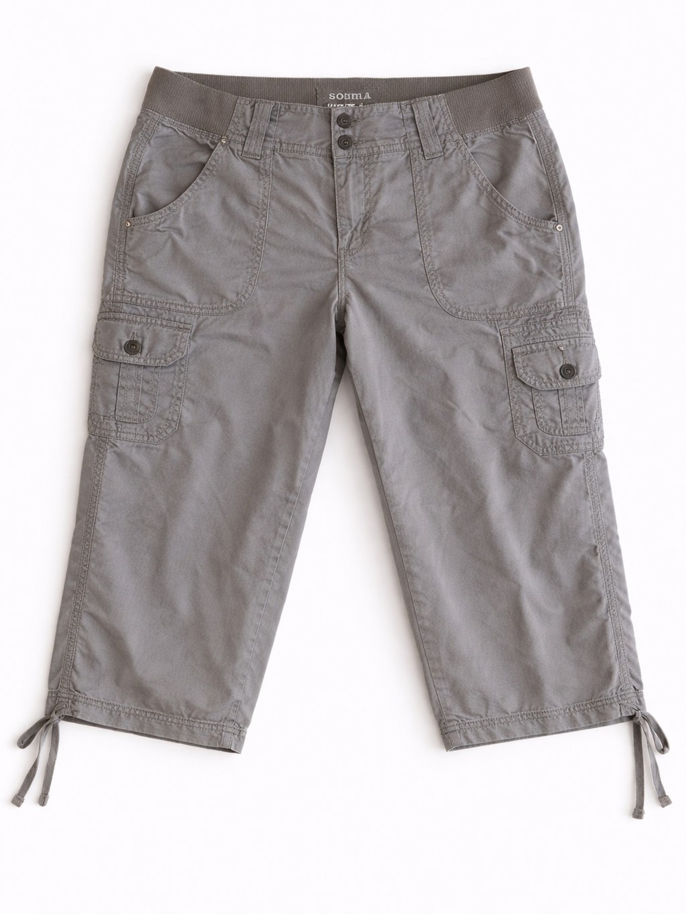 Sonoma Women’s Size 10 Gray Cargo Capri Pants Stretch Ribbed Waist Drawstring